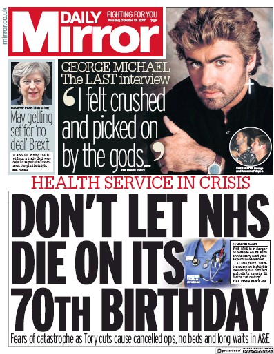Daily Mirror Newspaper Front Page (UK) for 10 October 2017