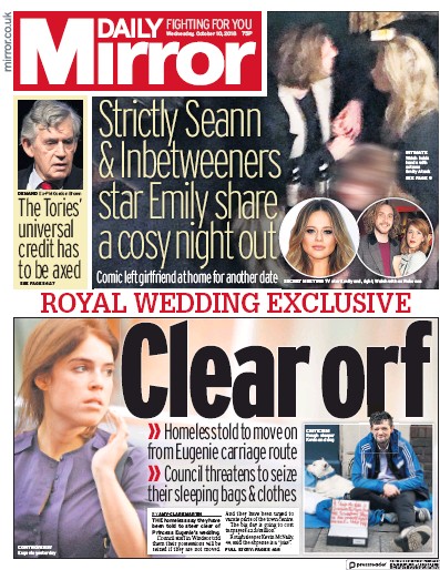 Daily Mirror Newspaper Front Page (UK) for 10 October 2018