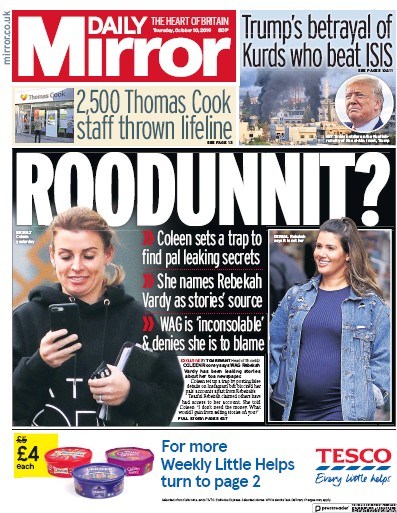Daily Mirror Newspaper Front Page (UK) for 10 October 2019