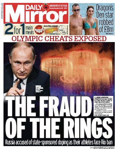Daily Mirror Newspaper Front Page (UK) for 10 November 2015