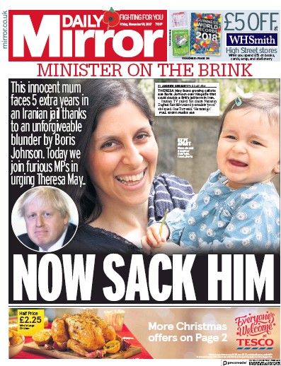 Daily Mirror Newspaper Front Page (UK) for 10 November 2017