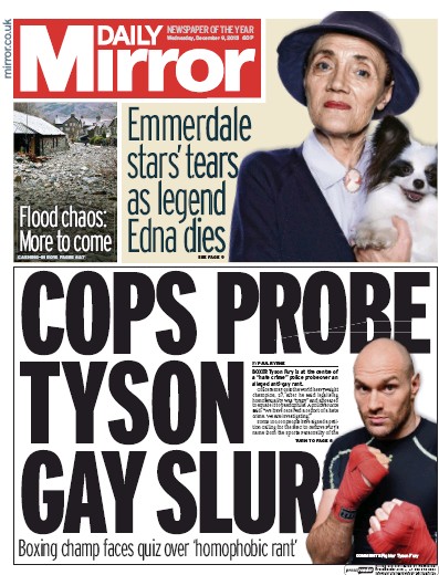 Daily Mirror Newspaper Front Page (UK) for 10 December 2015
