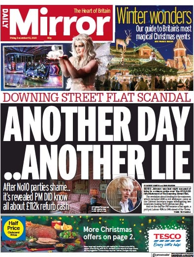 Daily Mirror Newspaper Front Page (UK) for 10 December 2021