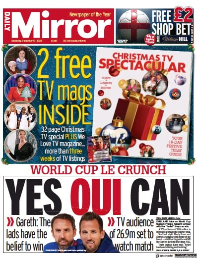 Daily Mirror Newspaper Front Page (UK) for 10 December 2022