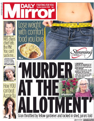 Daily Mirror Newspaper Front Page (UK) for 10 January 2018