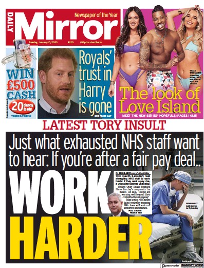 Daily Mirror Newspaper Front Page (UK) for 10 January 2023