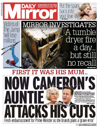 Daily Mirror Newspaper Front Page (UK) for 10 February 2016