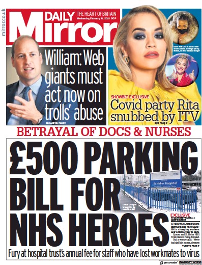 Daily Mirror Newspaper Front Page (UK) for 10 February 2021