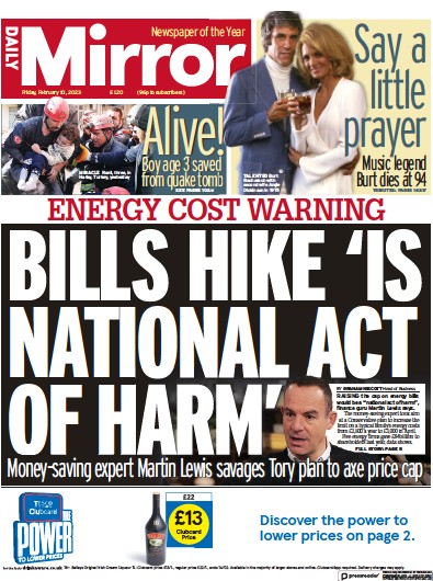 Daily Mirror Newspaper Front Page (UK) for 10 February 2023