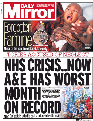 Daily Mirror Newspaper Front Page (UK) for 10 March 2017