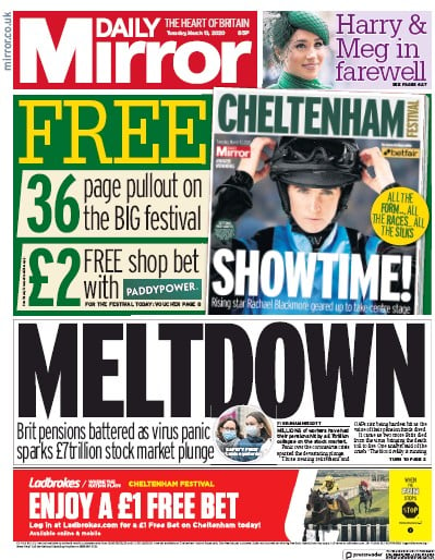 Daily Mirror Newspaper Front Page (UK) for 10 March 2020
