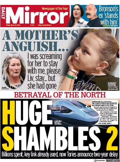 Daily Mirror Newspaper Front Page (UK) for 10 March 2023