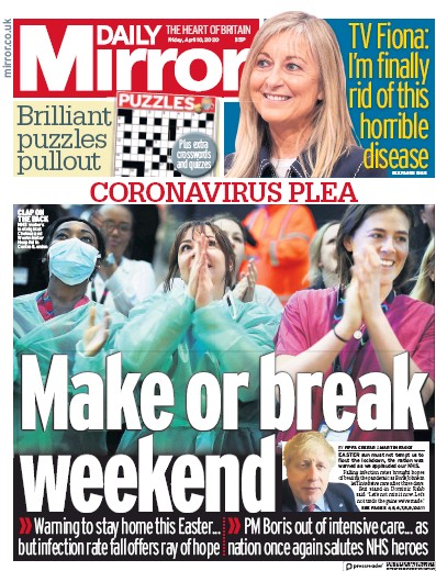 Daily Mirror Newspaper Front Page (UK) for 10 April 2020