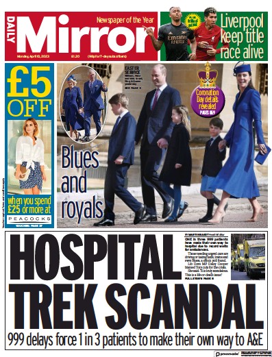 Daily Mirror Newspaper Front Page (UK) for 10 April 2023
