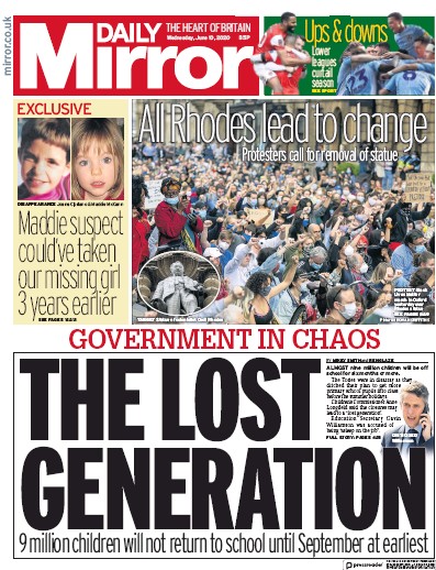 Daily Mirror Newspaper Front Page (UK) for 10 June 2020