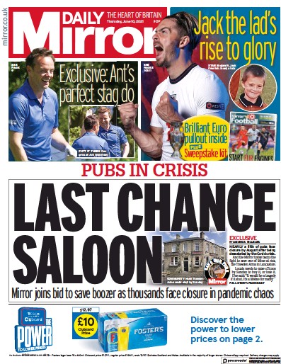 Daily Mirror Newspaper Front Page (UK) for 10 June 2021