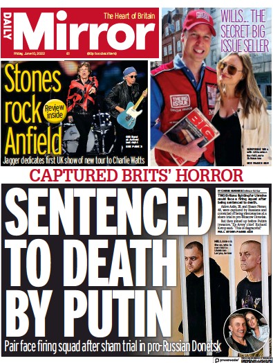 Daily Mirror Newspaper Front Page (UK) for 10 June 2022