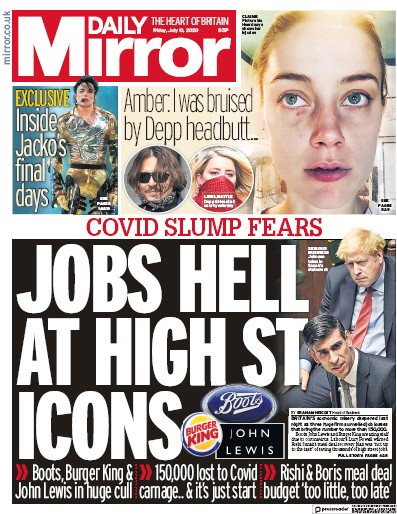 Daily Mirror Newspaper Front Page (UK) for 10 July 2020