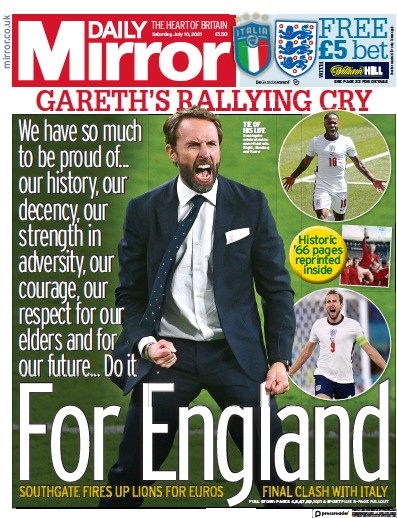 Daily Mirror Newspaper Front Page (UK) for 10 July 2021