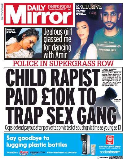 Daily Mirror Newspaper Front Page (UK) for 10 August 2017