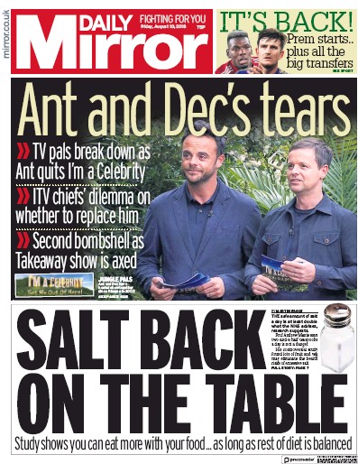 Daily Mirror Newspaper Front Page (UK) for 10 August 2018
