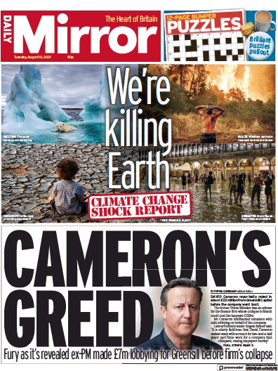 Daily Mirror Newspaper Front Page (UK) for 10 August 2021