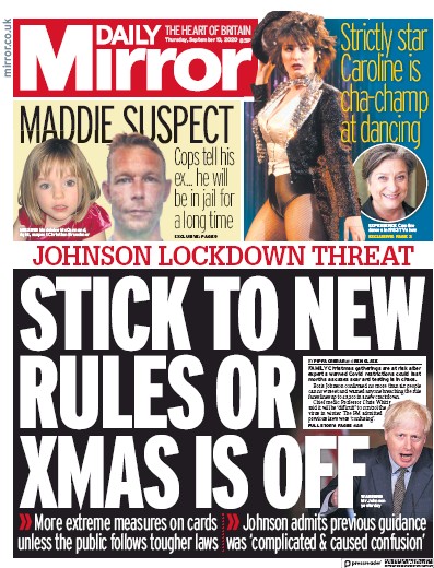 Daily Mirror Newspaper Front Page (UK) for 10 September 2020