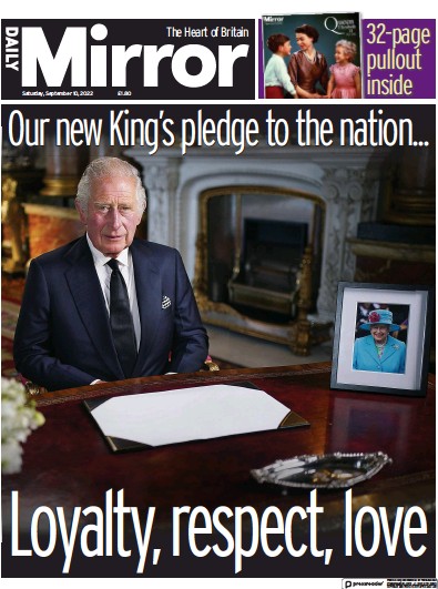 Daily Mirror Newspaper Front Page (UK) for 10 September 2022