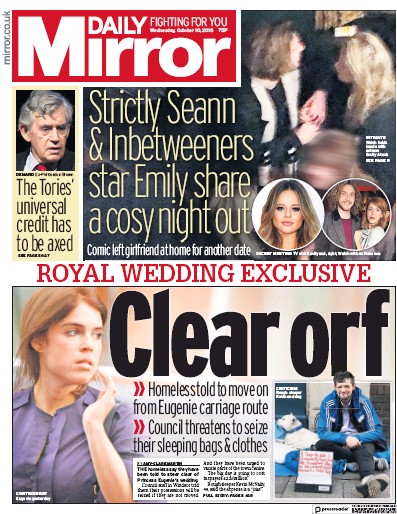 Daily Mirror Newspaper Front Page (UK) for 11 October 2018