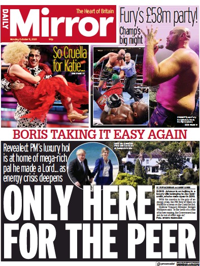 Daily Mirror Newspaper Front Page (UK) for 11 October 2021