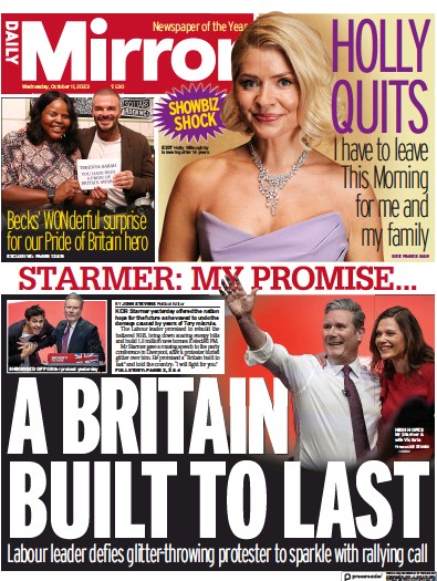 Daily Mirror Newspaper Front Page (UK) for 11 October 2023