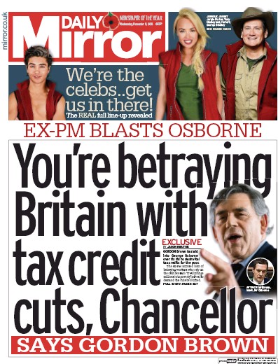 Daily Mirror Newspaper Front Page (UK) for 11 November 2015