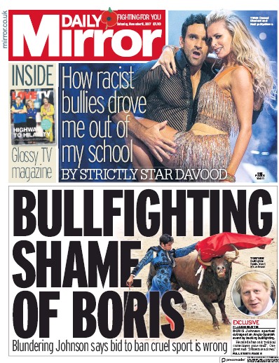 Daily Mirror Newspaper Front Page (UK) for 11 November 2017