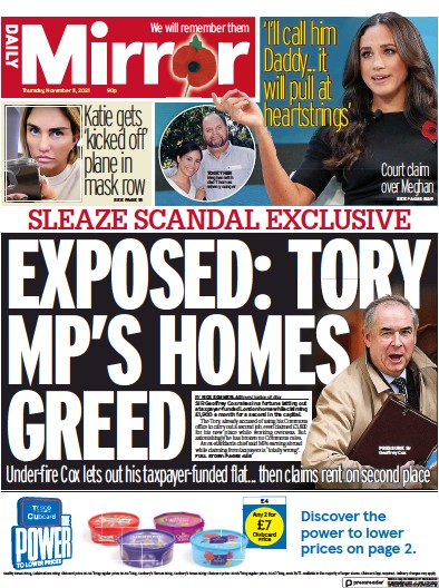Daily Mirror Newspaper Front Page (UK) for 11 November 2021