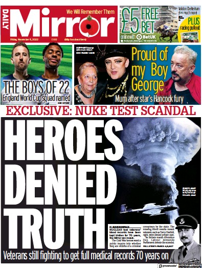 Daily Mirror Newspaper Front Page (UK) for 11 November 2022