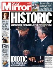 Daily Mirror Newspaper Front Page (UK) for 11 December 2013