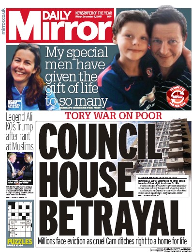 Daily Mirror Newspaper Front Page (UK) for 11 December 2015