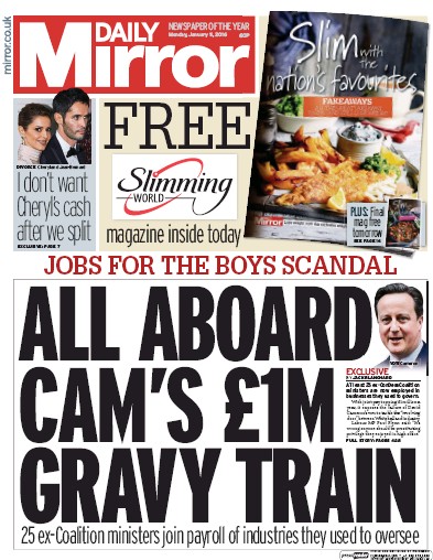 Daily Mirror Newspaper Front Page (UK) for 11 January 2016