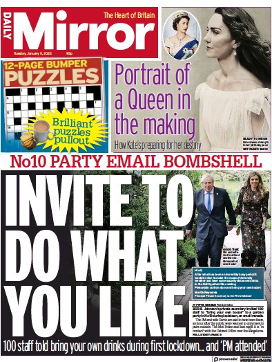 Daily Mirror Newspaper Front Page (UK) for 11 January 2022