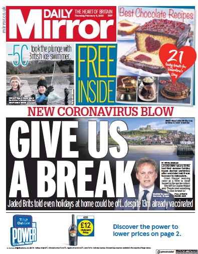 Daily Mirror Newspaper Front Page (UK) for 11 February 2021