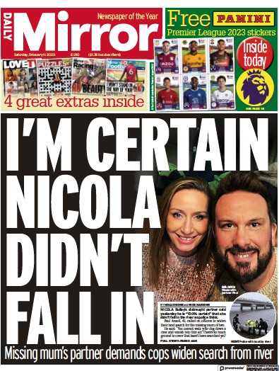 Daily Mirror Newspaper Front Page (UK) for 11 February 2023