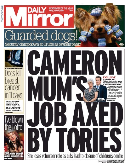 Daily Mirror Newspaper Front Page (UK) for 11 March 2016