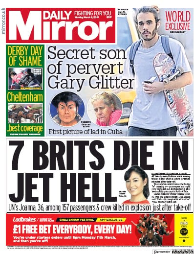 Daily Mirror Newspaper Front Page (UK) for 11 March 2019