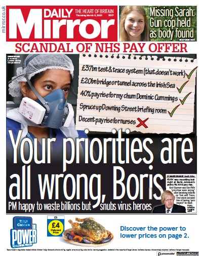 Daily Mirror Newspaper Front Page (UK) for 11 March 2021