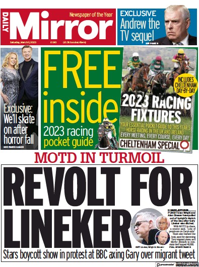 Daily Mirror Newspaper Front Page (UK) for 11 March 2023