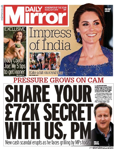 Daily Mirror Newspaper Front Page (UK) for 11 April 2016