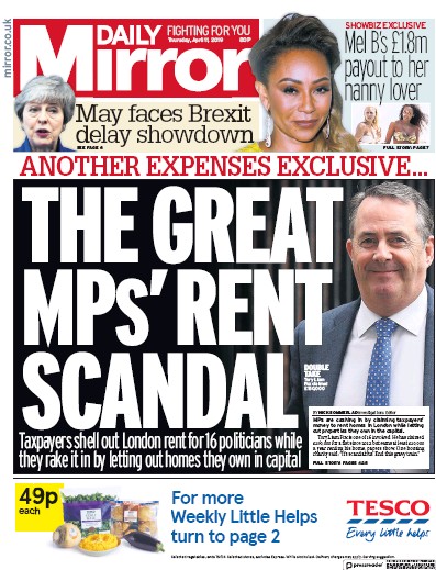 Daily Mirror Newspaper Front Page (UK) for 11 April 2019
