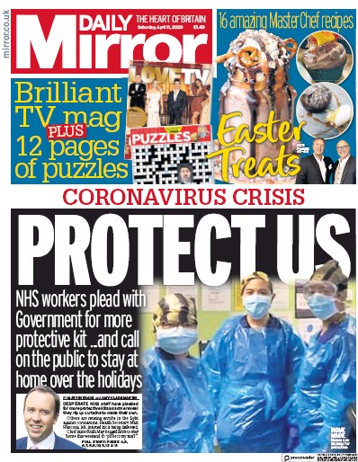 Daily Mirror Newspaper Front Page (UK) for 11 April 2020