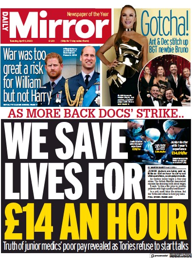 Daily Mirror Newspaper Front Page (UK) for 11 April 2023