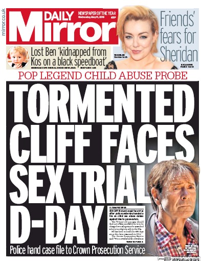 Daily Mirror Newspaper Front Page (UK) for 11 May 2016
